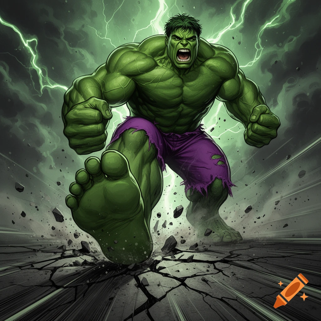Comic book style illustration of The Incredible Hulk stepping forward toward the camera with a roaring expression.