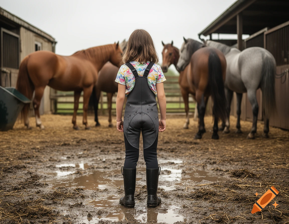 Photorealistic view from behind of a little girl in overalls and rubber boots standing in a muddy stable surrounded by horses.