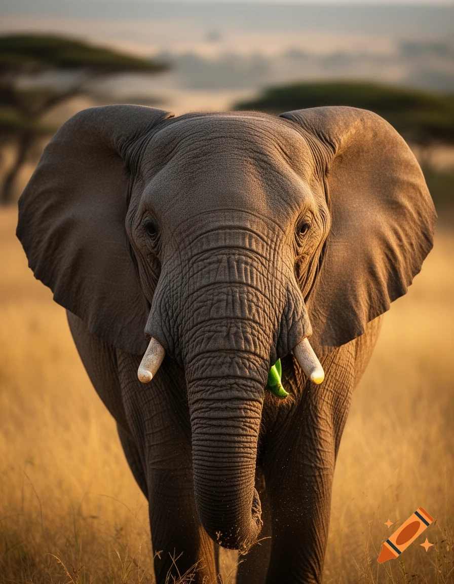 Close-up of an African elephant with large ears facing the camera in a savannah, with a green leaf in its mouth, photorealistic.