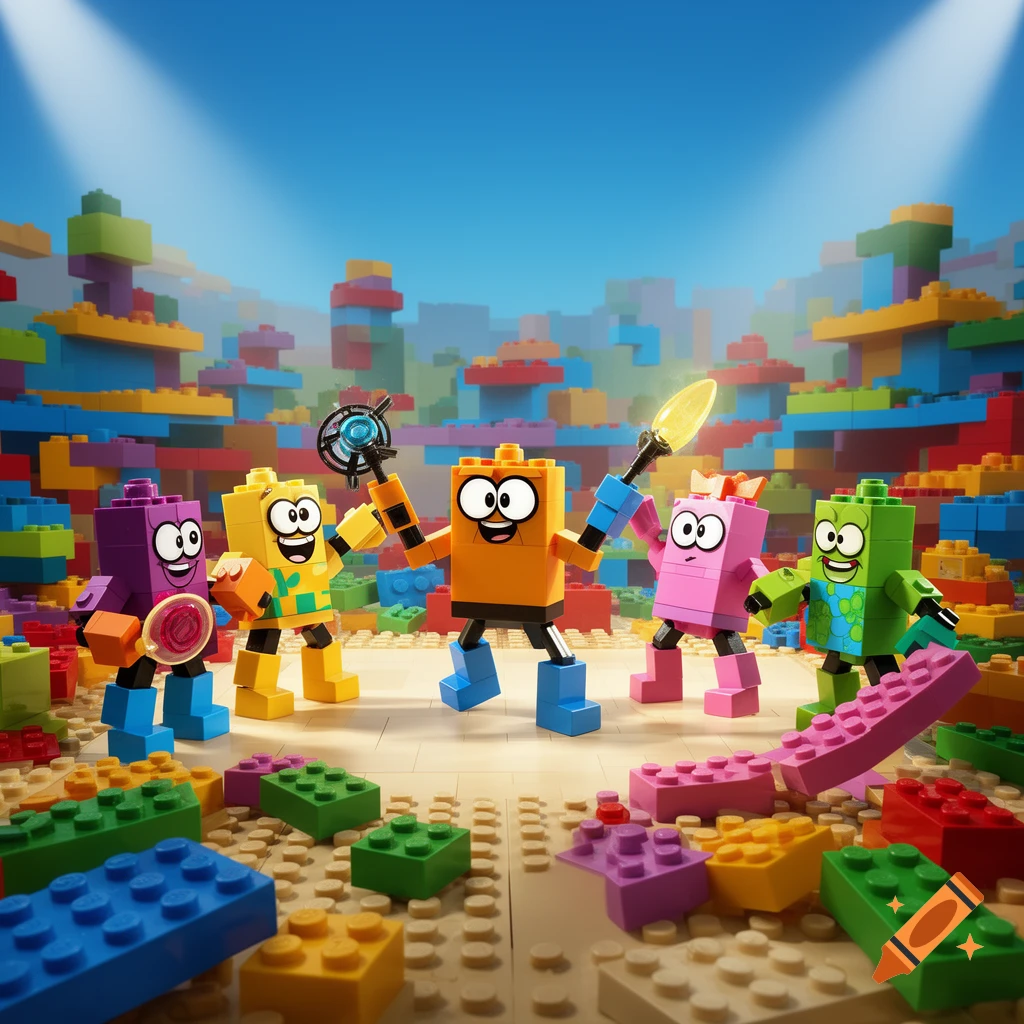 Five colorful Lego-style block characters standing on a stage made of bricks, with a stage background.