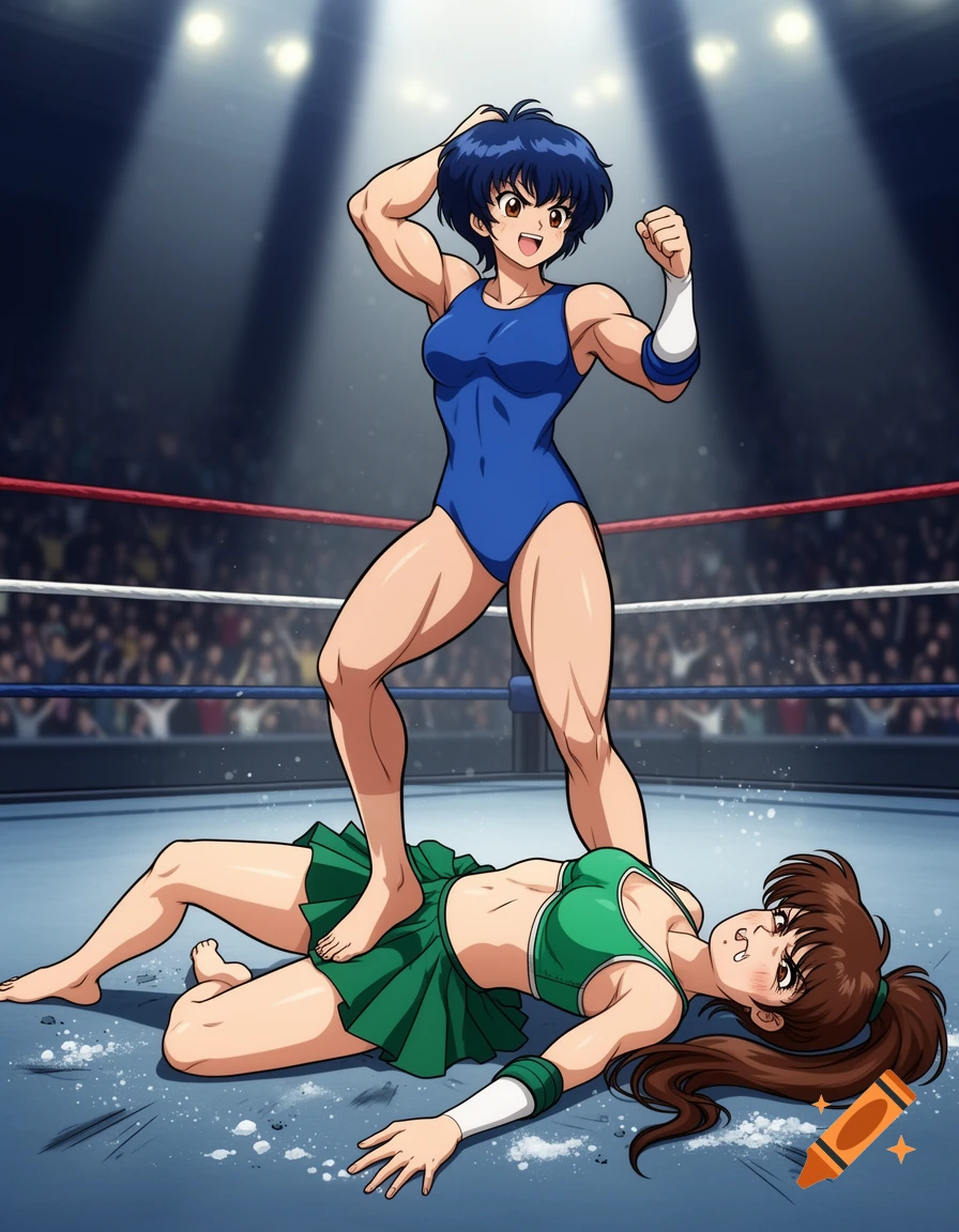Anime style illustration of a muscular character in a blue leotard standing victorious over a defeated opponent in a wrestling ring.
