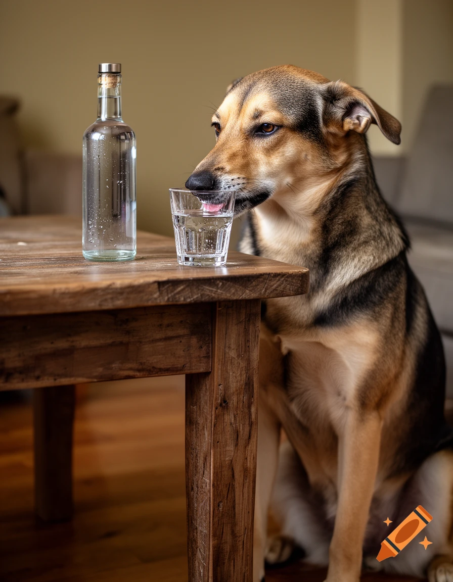 A photorealistic German Shepherd mix dog sitting by a wooden table, drinking water from a glass.