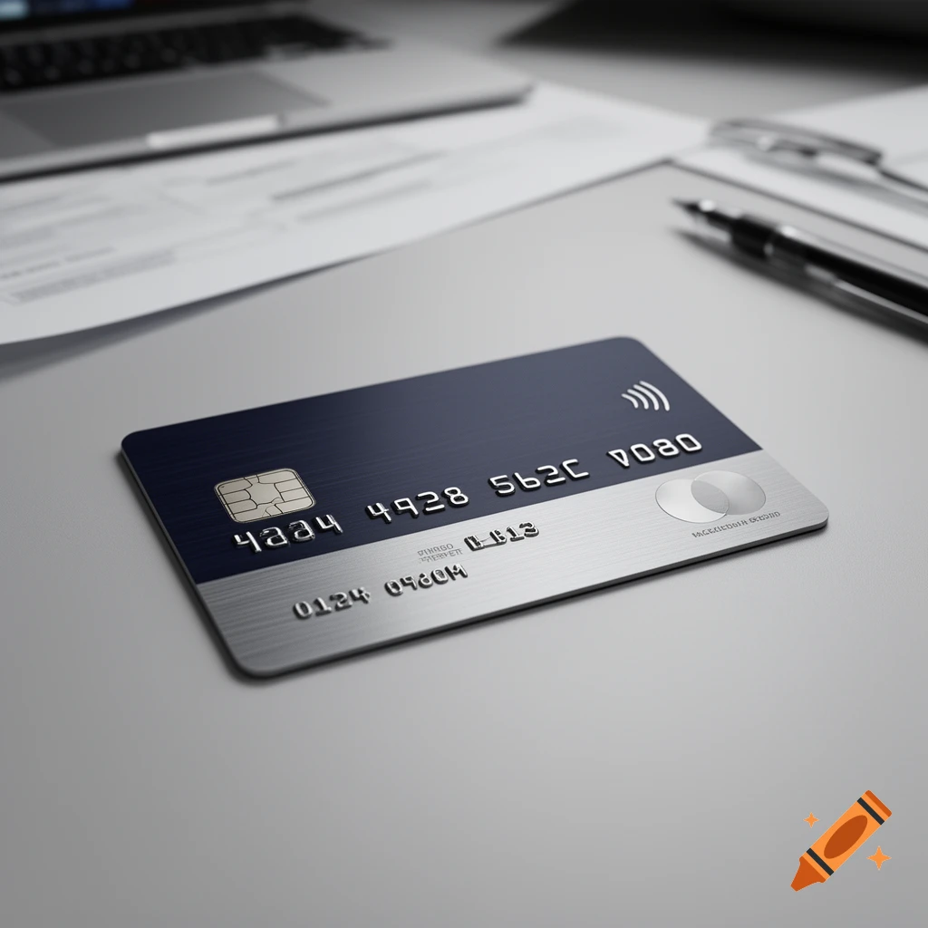 Photorealistic close-up of a dual-tone black and silver credit card on a desk next to a laptop and pen.