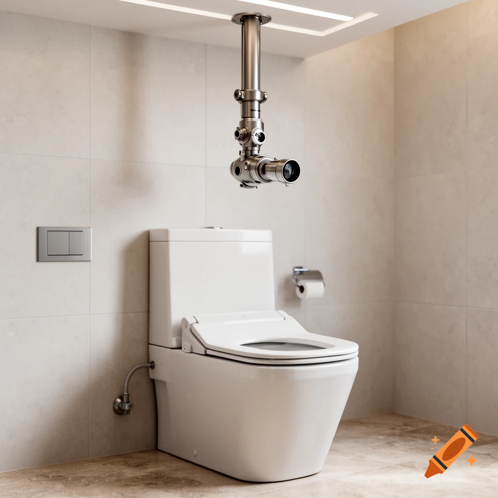 Photorealistic image of a white modern toilet in a tiled bathroom with a periscope hanging from the ceiling.