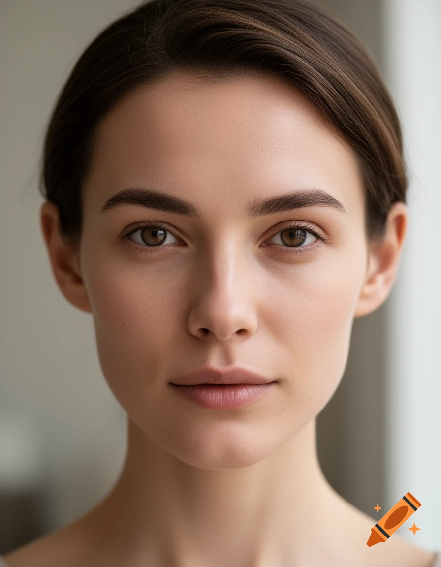 Close-up portrait of a woman with brown hair and brown eyes, photorealistic style.