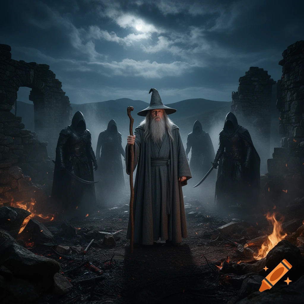 Gandalf holding a staff on Weathertop surrounded by Nazgul in the dark under a cloudy sky.