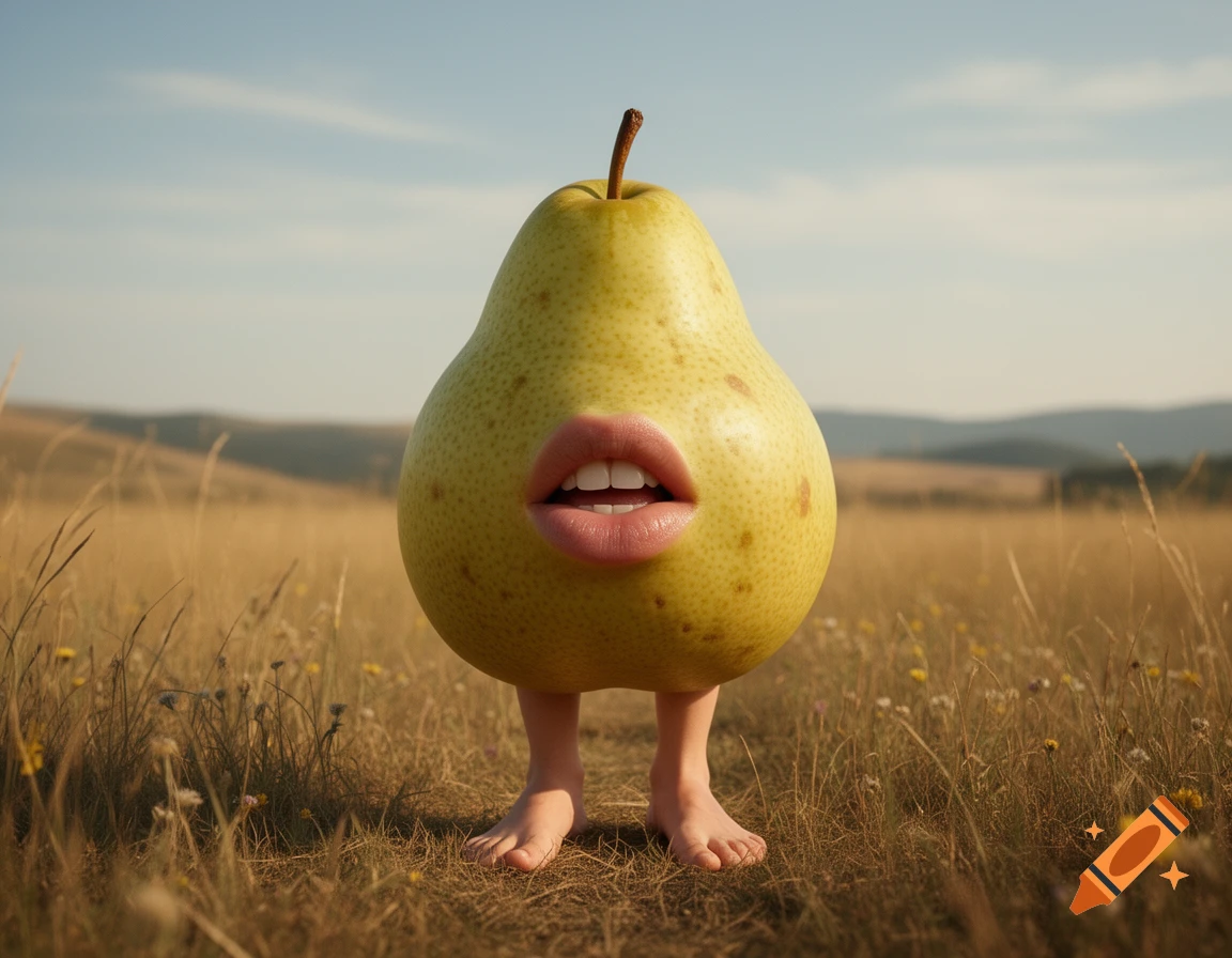 Photorealistic image of a large pear with a giant human mouth and feet, standing in a grassy field.