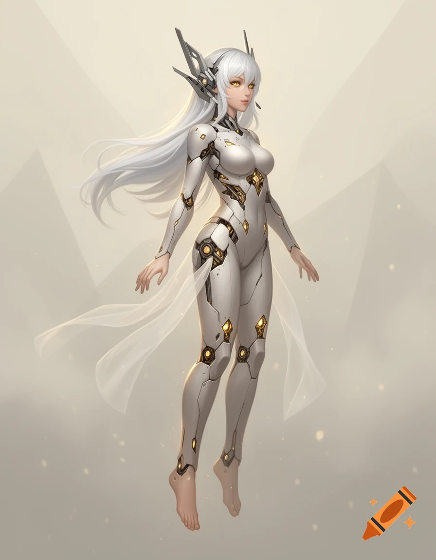 Concept art of a female humanoid robot with white hair, glowing gold accents, and a segmented white armor body, hovering.