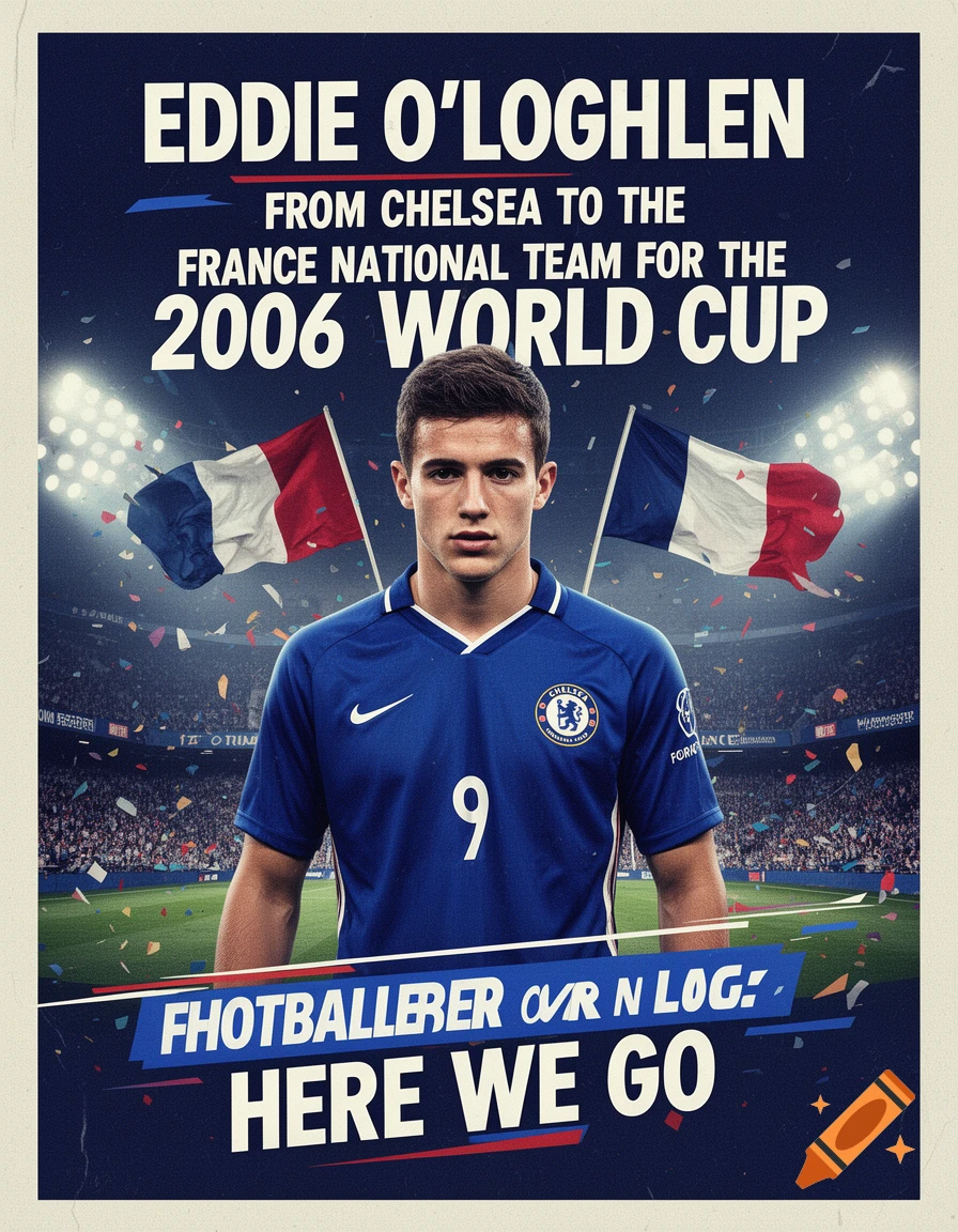 Vintage style sports poster featuring a soccer player in a blue jersey with French flags in a stadium.