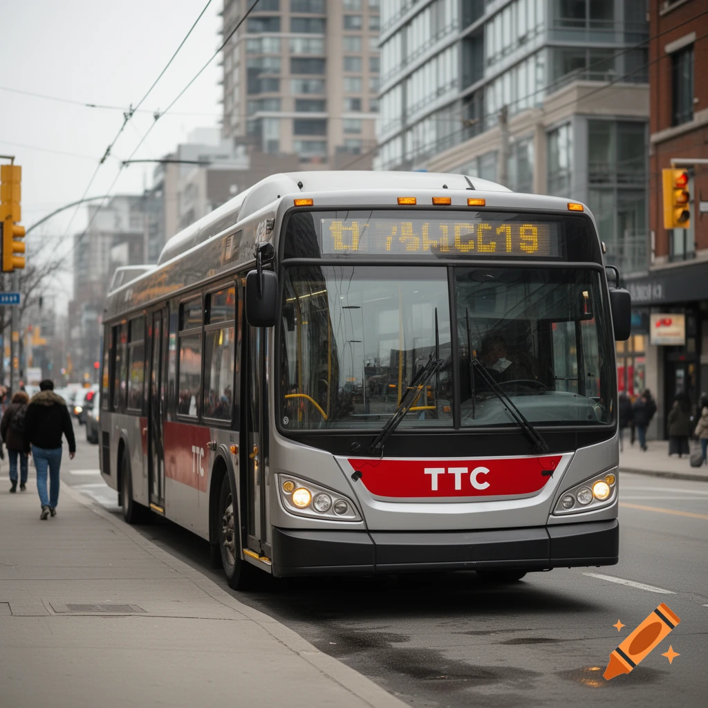 Photorealistic street view of a silver and red TTC transit bus on a city street with pedestrians.
