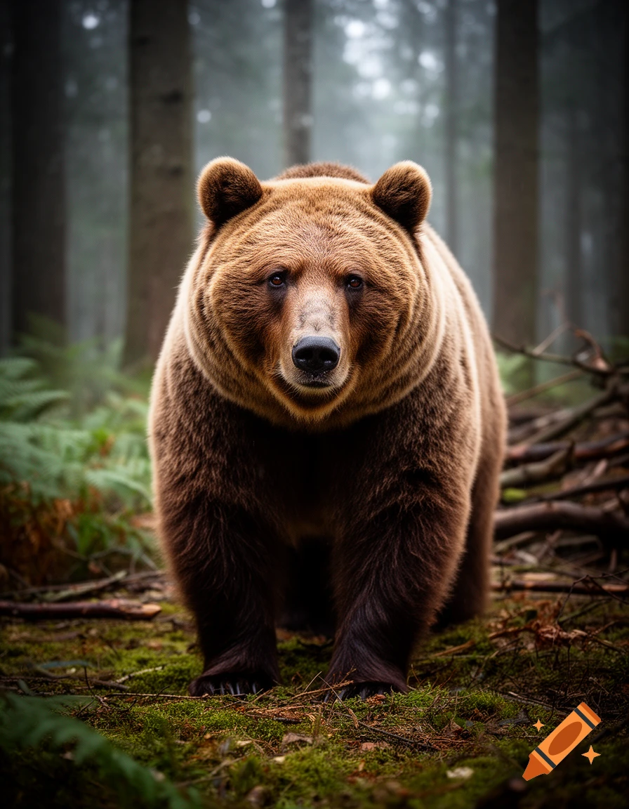 Photorealistic image of a brown bear standing in a misty pine forest.