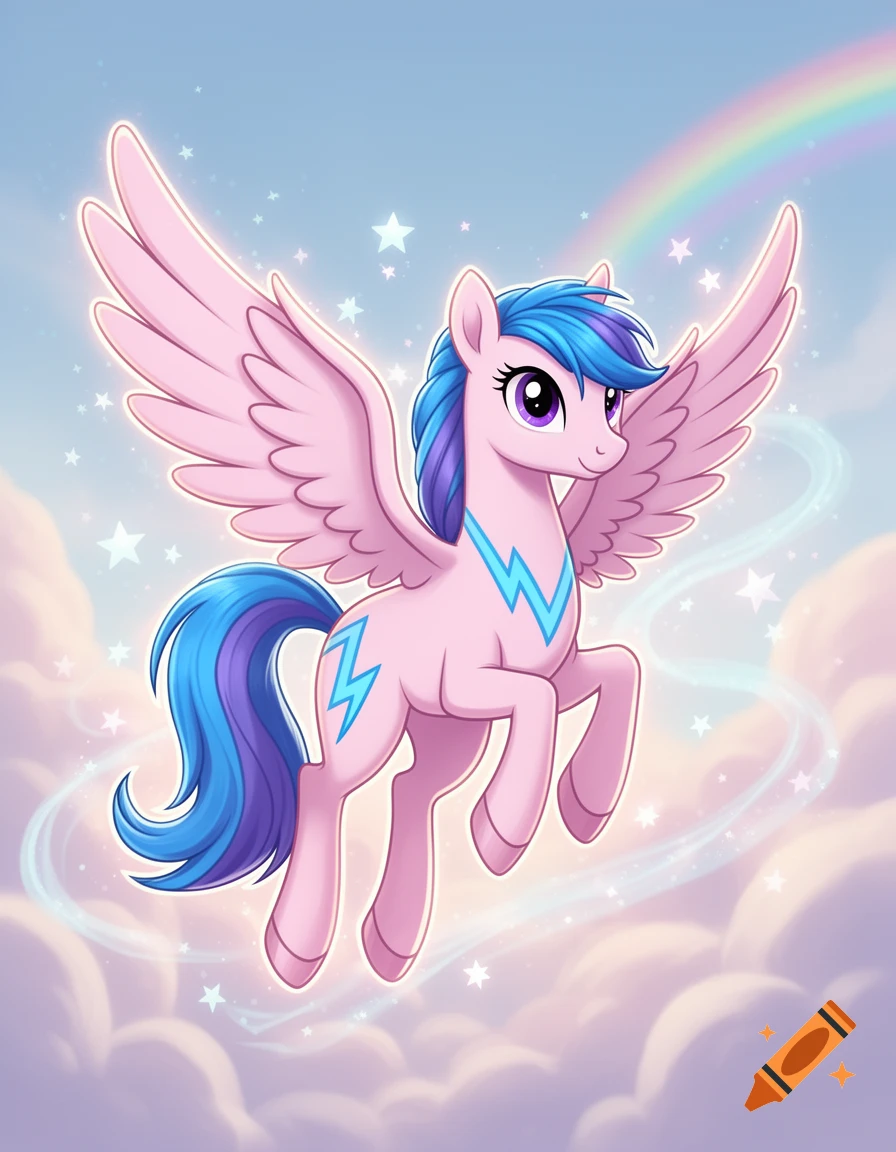 Digital illustration of a pink pegasus pony with a blue and purple mane and tail, flying against a cloudy sky with a rainbow.