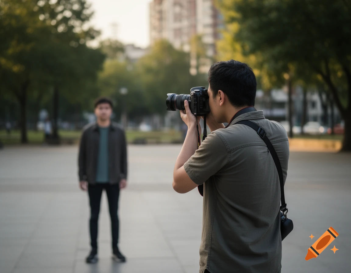 Photographer in a green shirt capturing a portrait of a person standing in a public square.