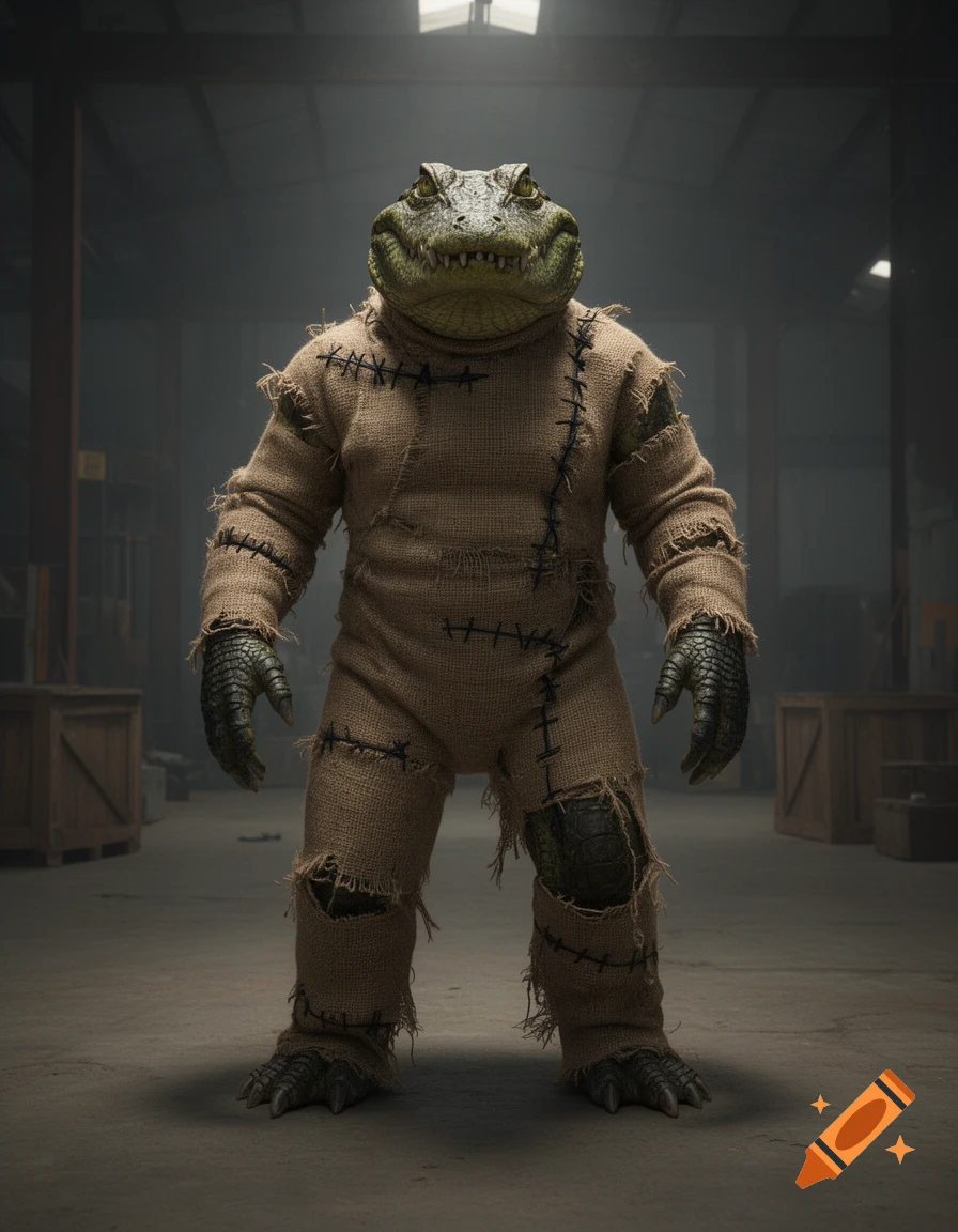 Photorealistic image of a humanoid alligator monster wearing a stitched burlap suit, standing in a dimly lit industrial warehouse.