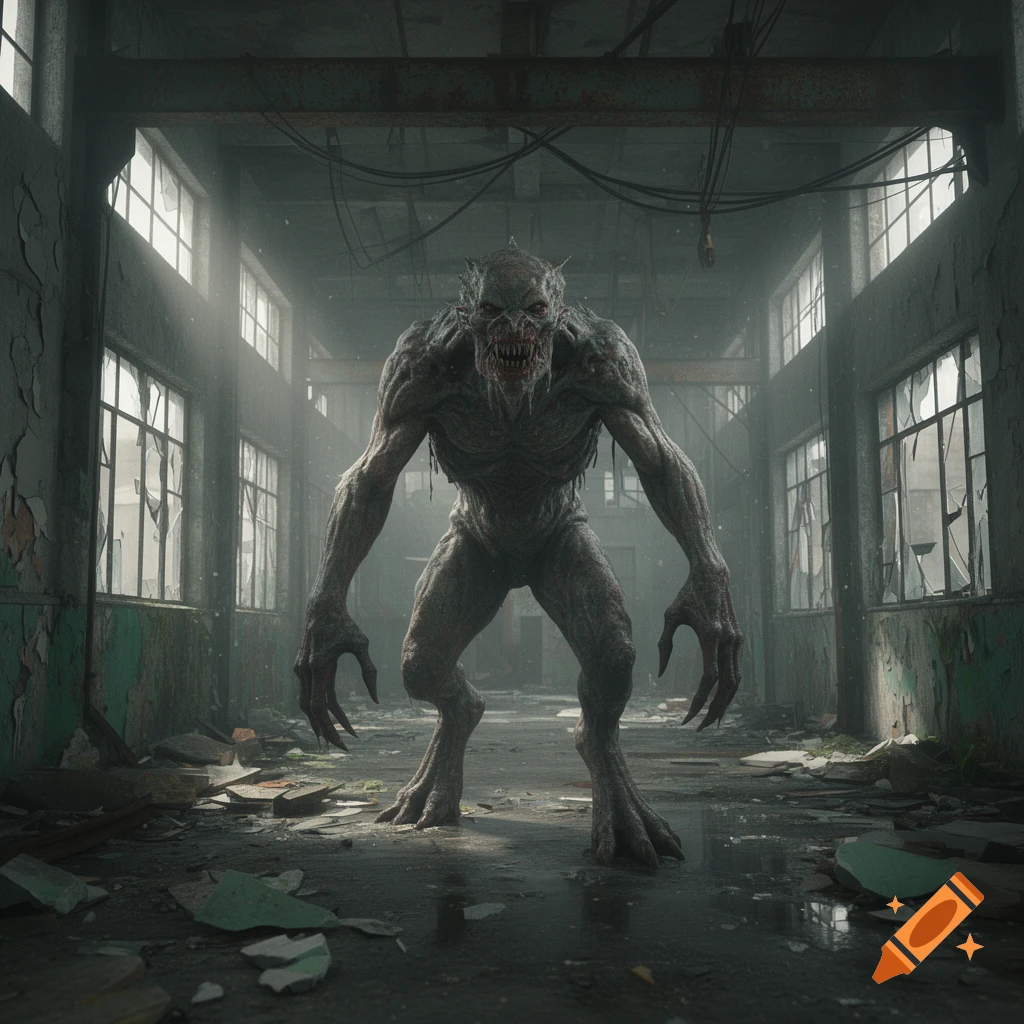 Photorealistic depiction of a grotesque, humanoid monster standing in an abandoned, decaying industrial building.