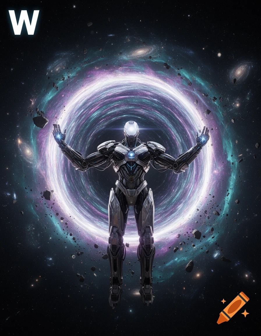 Photorealistic cinematic shot of a cybernetic machine entity opening a massive shimmering wormhole portal in deep space.