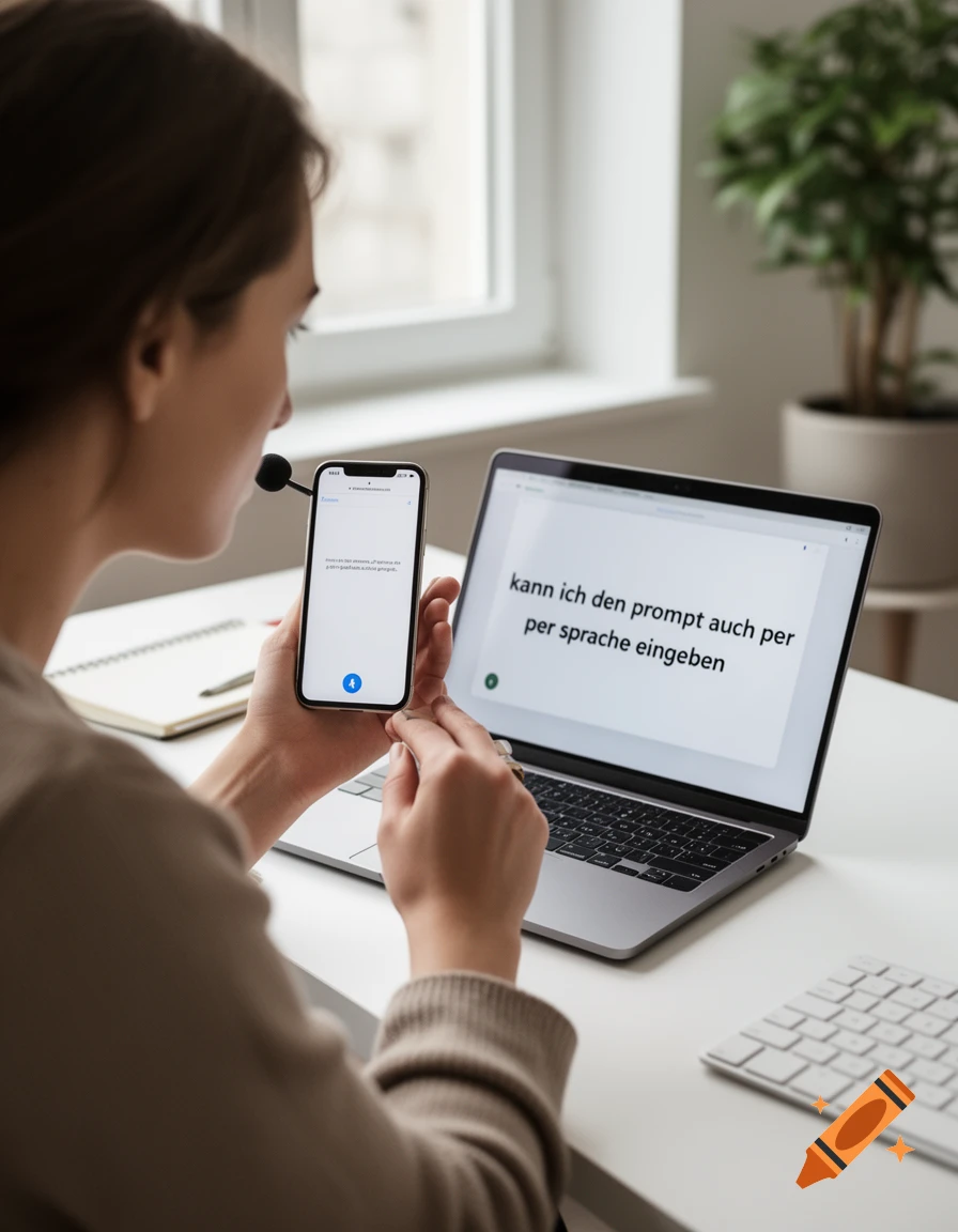 A person holding a smartphone and looking at a laptop displaying German text in an office setting.