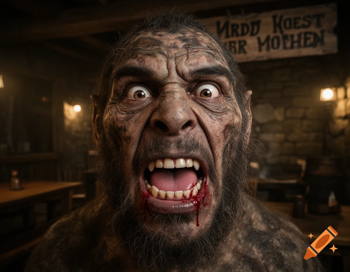 Close-up photorealistic portrait of an angry, hairy monster with bloody teeth roaring in a tavern.