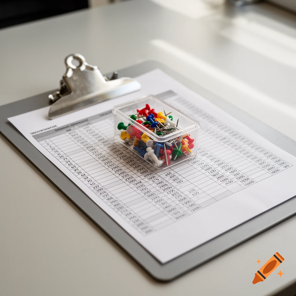A clipboard with a spreadsheet paper sheet and a clear plastic box filled with colorful push pins on a table.