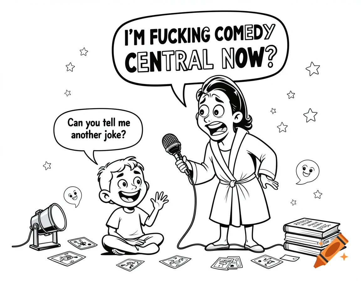 Black and white cartoon coloring book page featuring a child talking to an adult holding a microphone.