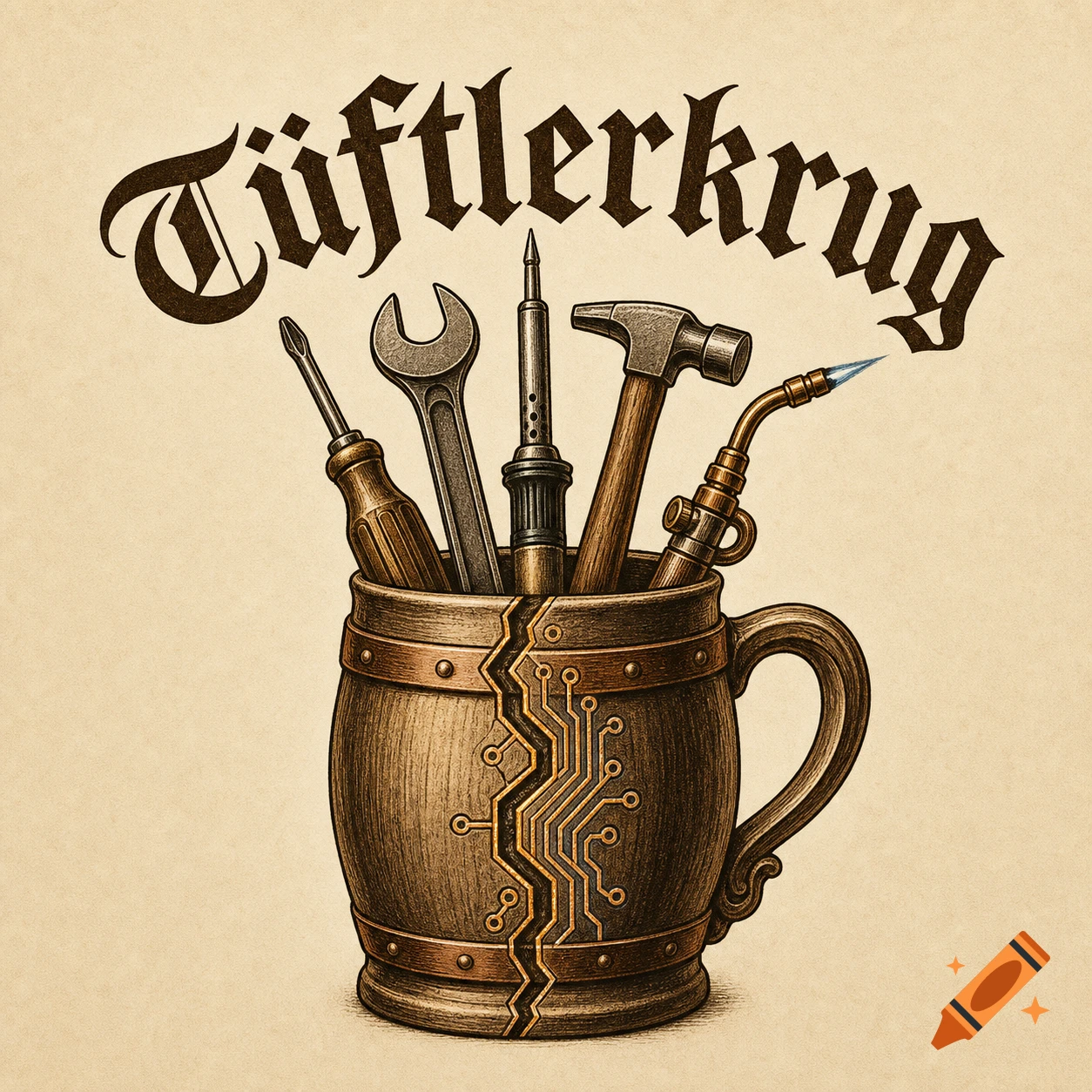 Vintage logo illustration of a cracked wooden beer mug filled with tools, with gothic text 'Tüftlerkrug' above, in bronze and oak tones.