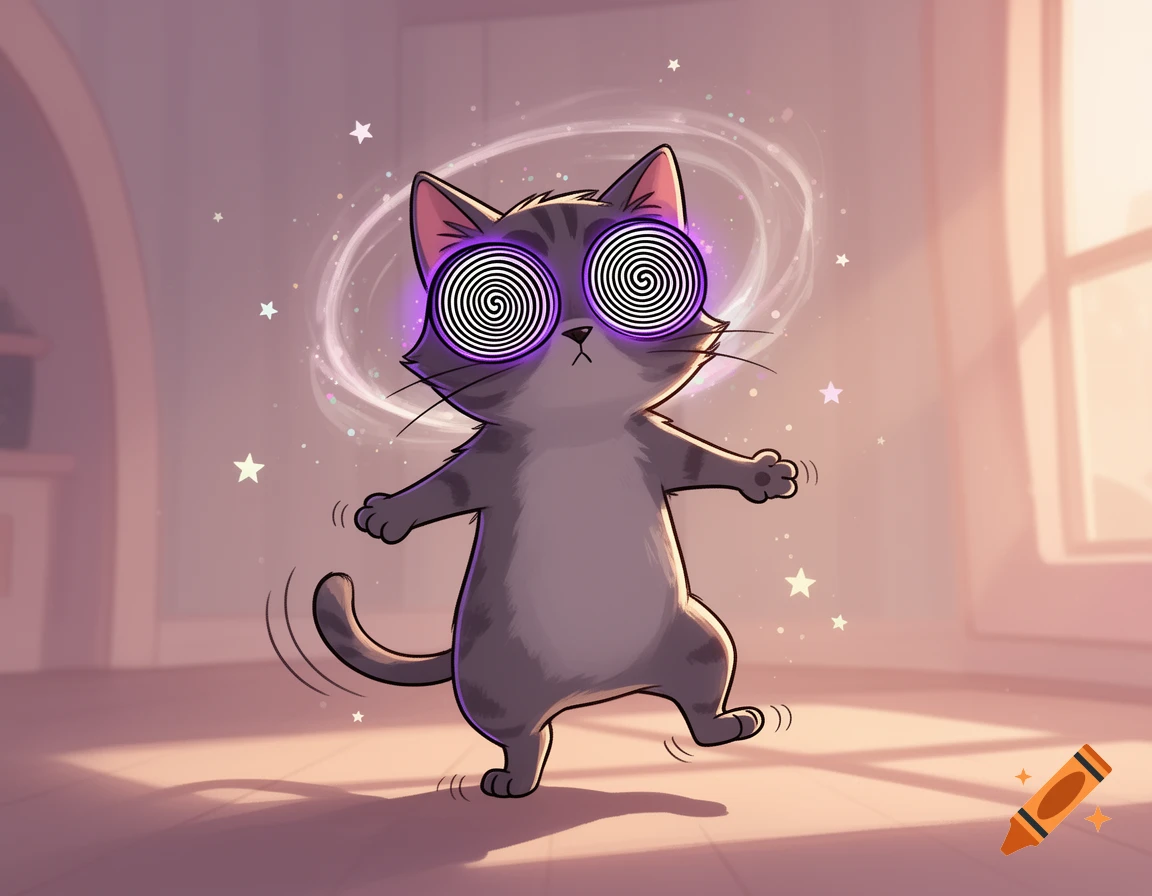 Digital illustration of a grey cartoon cat standing on two legs with hypnotic spiral eyes and floating stars.