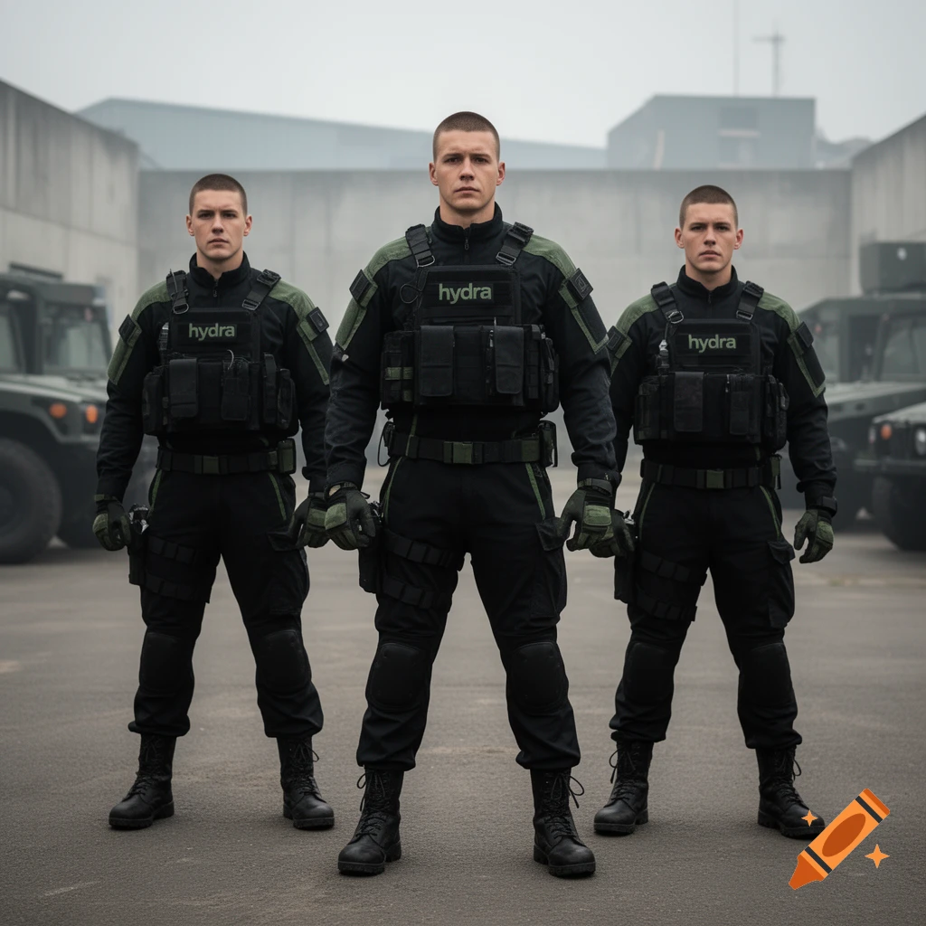 Photorealistic image of three soldiers standing in formation, wearing black tactical uniforms with green accents and 'hydra' text.