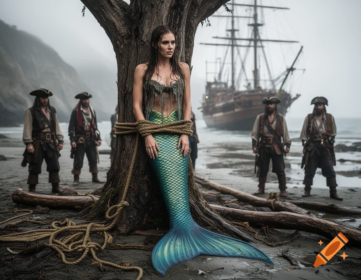Photorealistic image of a mermaid tied to a tree by ropes on a beach, surrounded by observing pirates and a ship in the background.