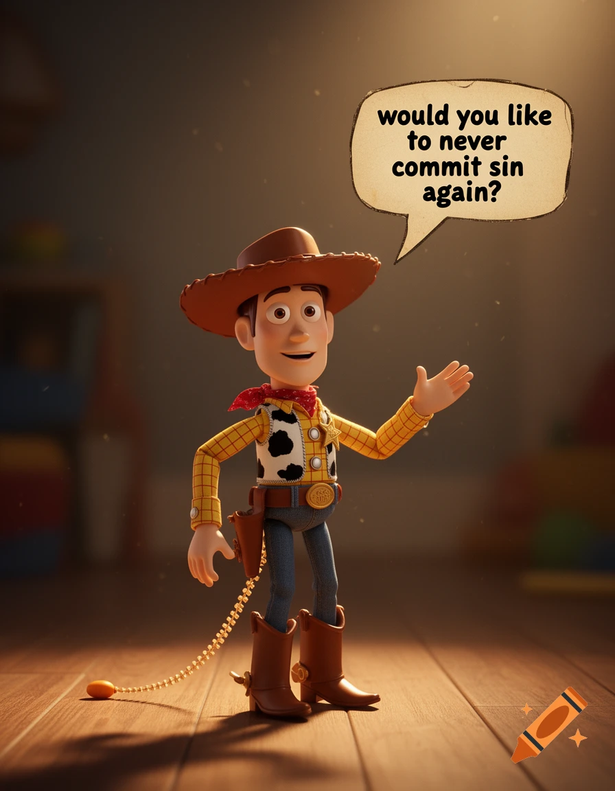 3D animated toy cowboy figurine standing on a wooden floor, with a speech bubble saying 'would you like to never commit sin again?'