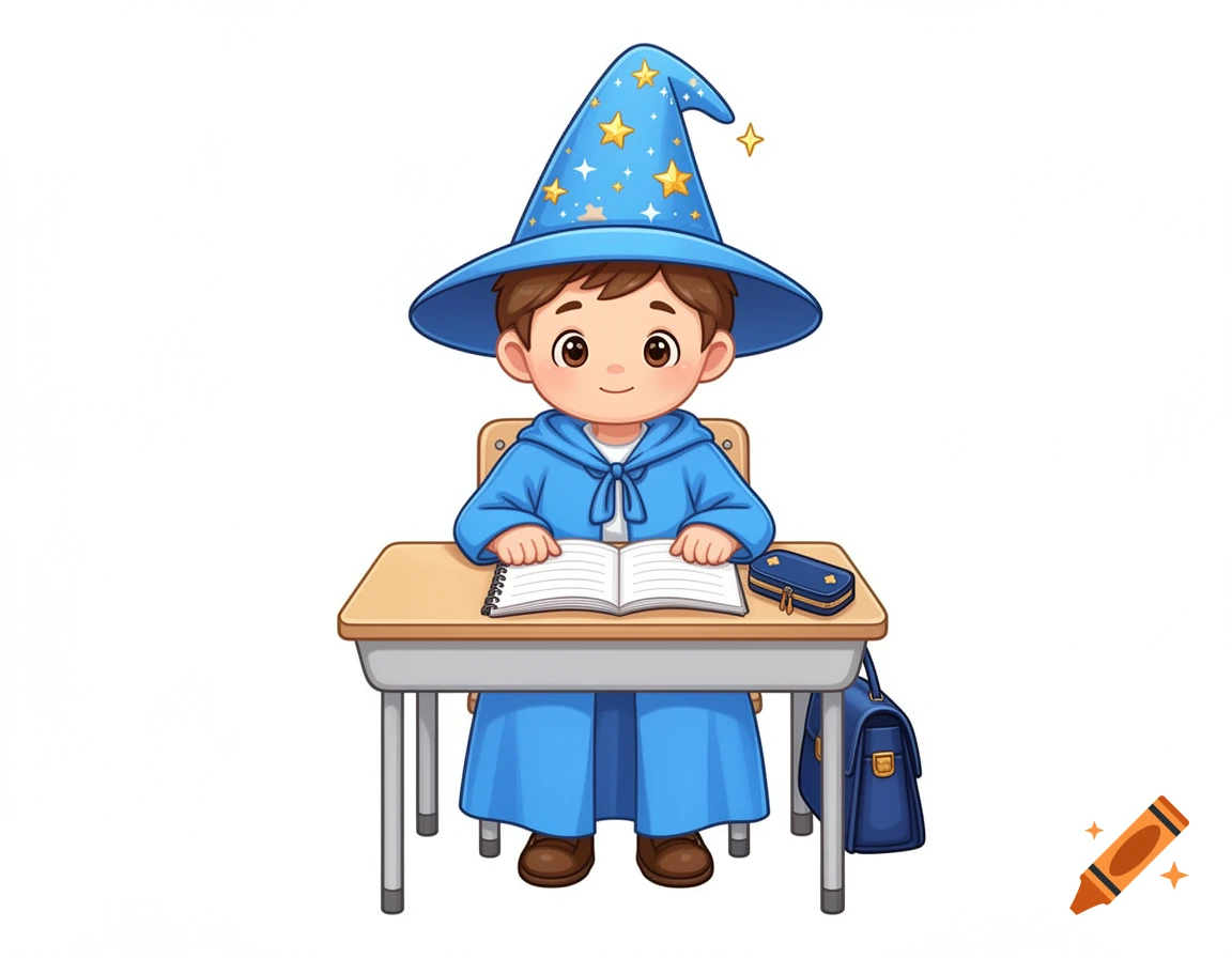Clip art illustration of a cute young wizard boy in a blue star-patterned robe and hat, sitting at a school desk with an open book.