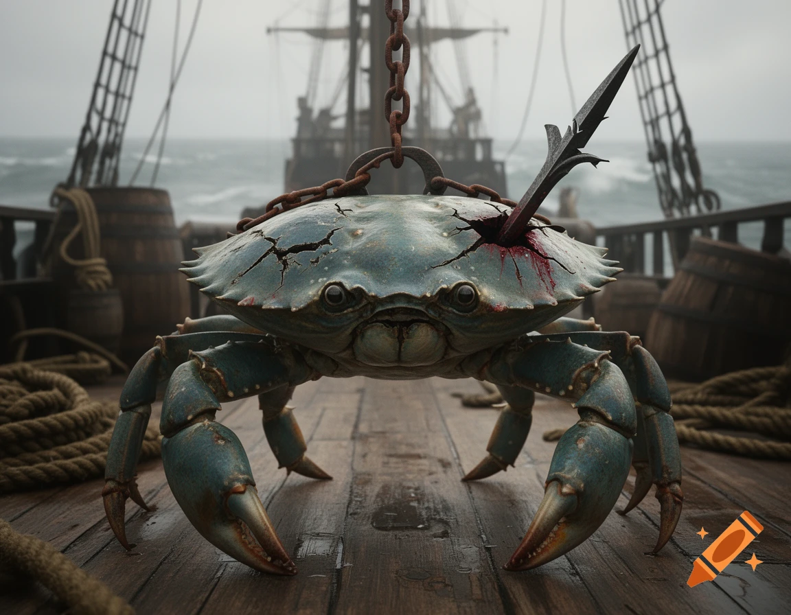 A photorealistic close-up of a large blue-green crab with a broken harpoon in its shell, standing on a wooden ship deck.
