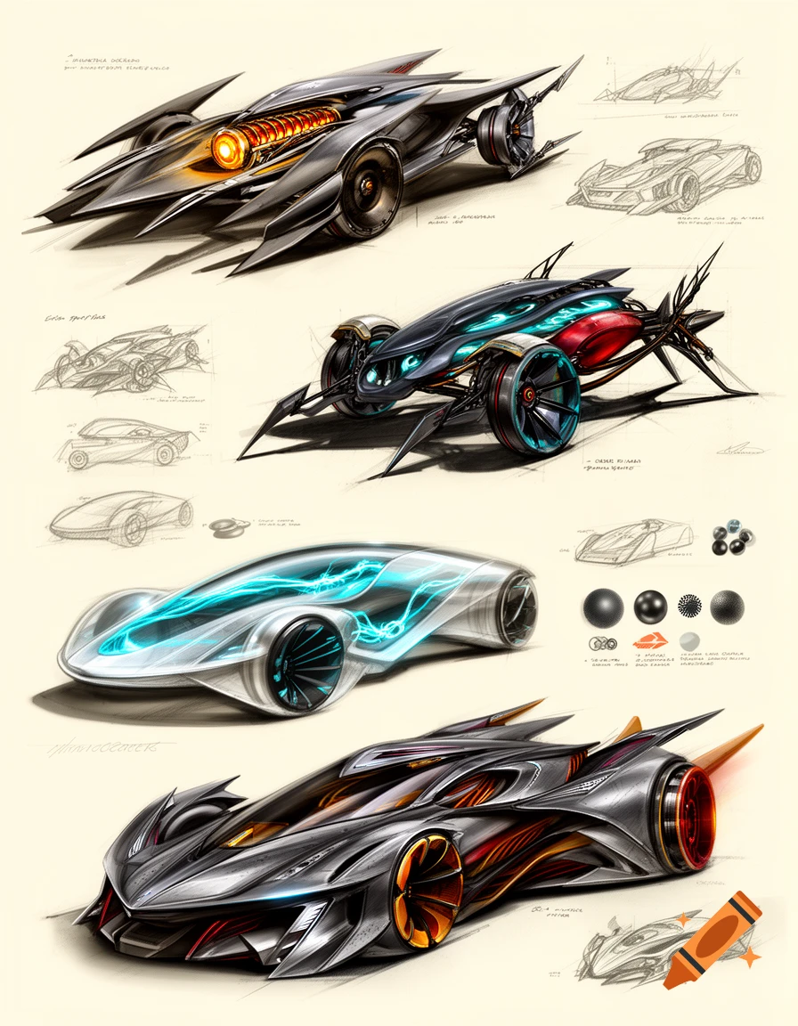 Concept sketches of four futuristic fantasy sports cars with sleek aerodynamic designs on a cream background.