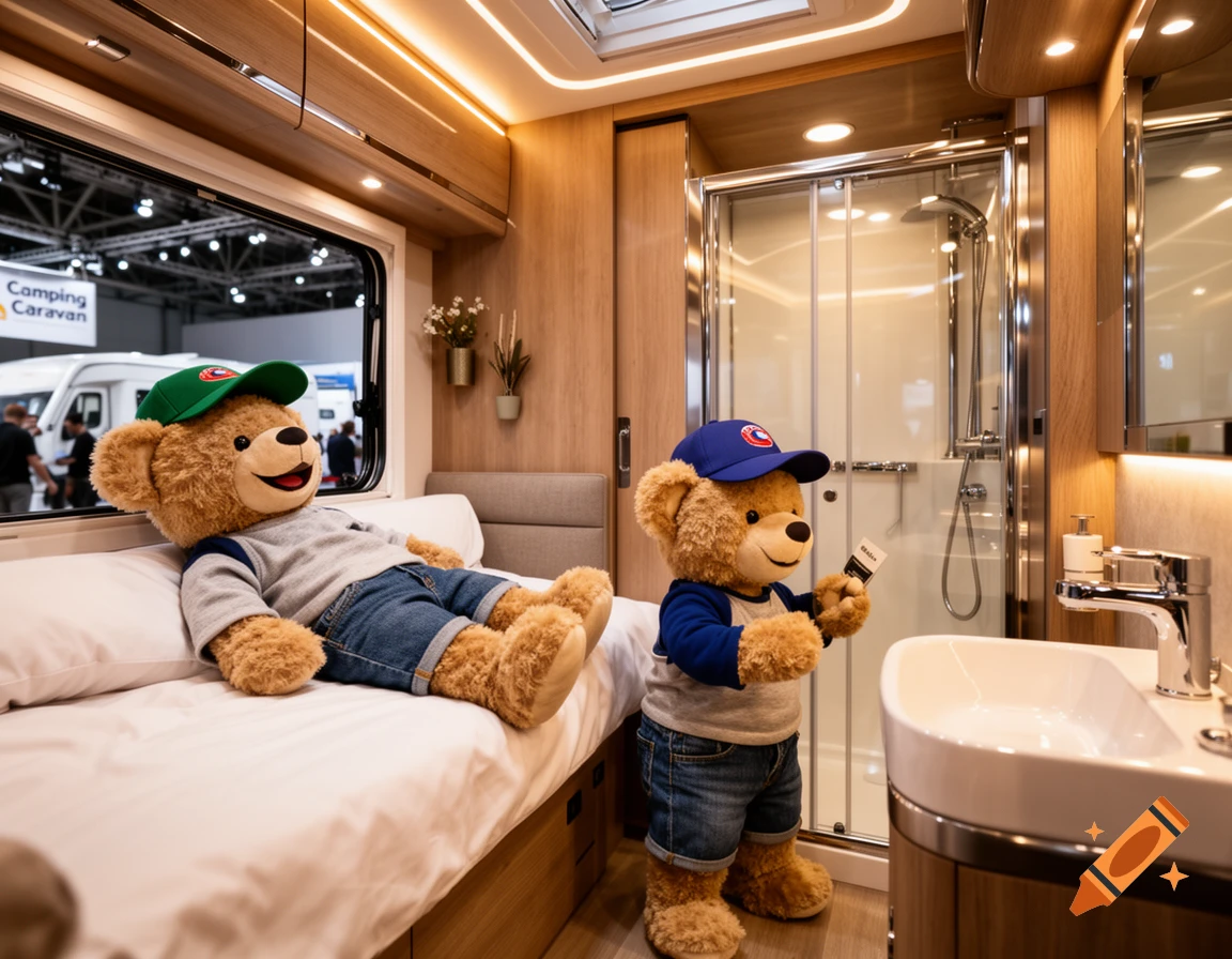 Two teddy bears wearing caps and jeans exploring a luxury caravan interior, one lying on the bed and one by the bathroom, photorealistic.