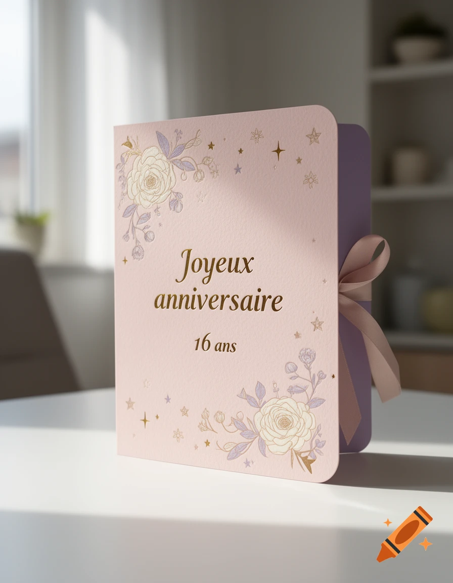 A pink and purple birthday greeting card with floral illustrations and gold text reading 'Joyeux anniversaire 16 ans' standing on a white table.