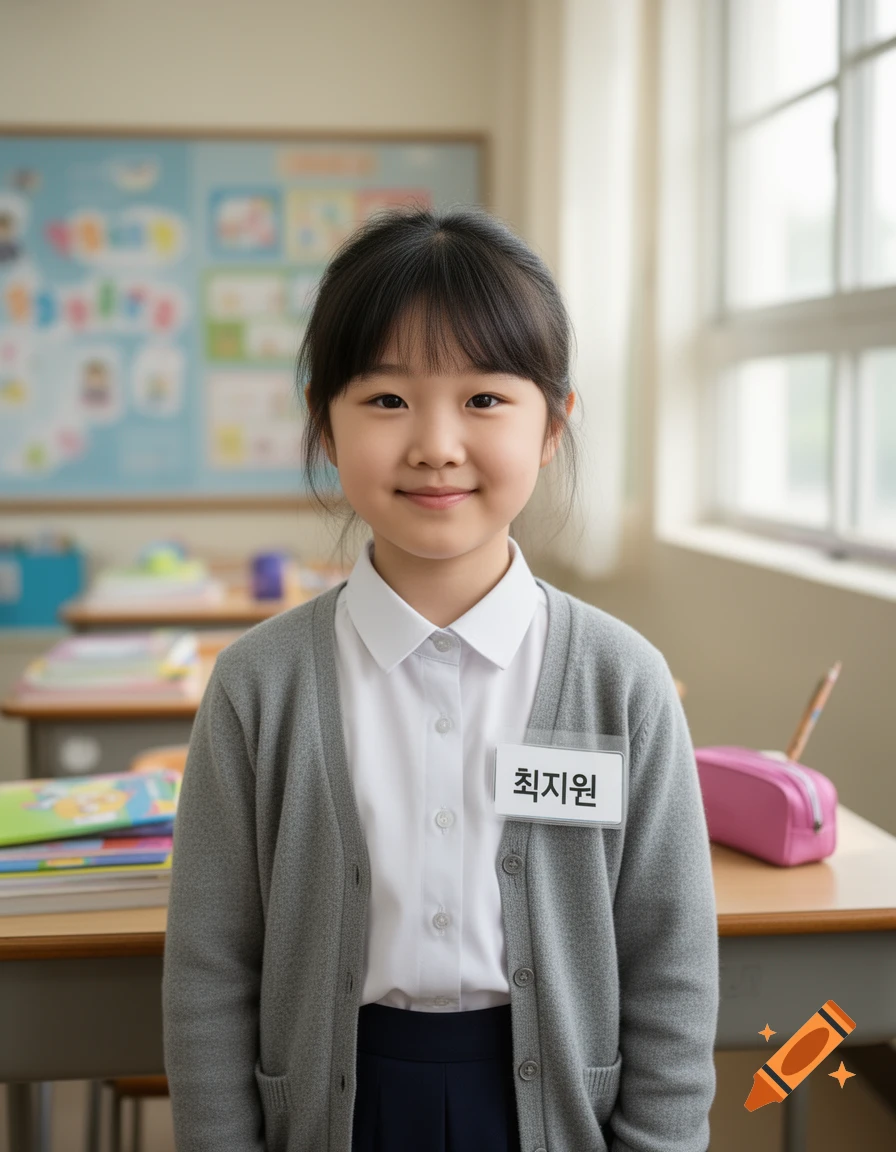 Photorealistic portrait of a young East Asian girl in a school uniform wearing a name tag in a classroom.