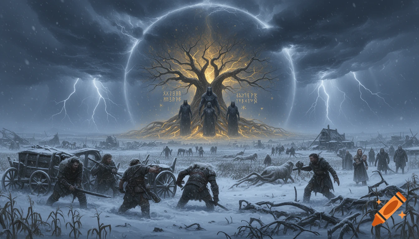 Fantasy art of a desolate snowy battlefield during Fimbulwinter, with warriors fighting near wagons and Yggdrasil looming in the background under a stormy sky.