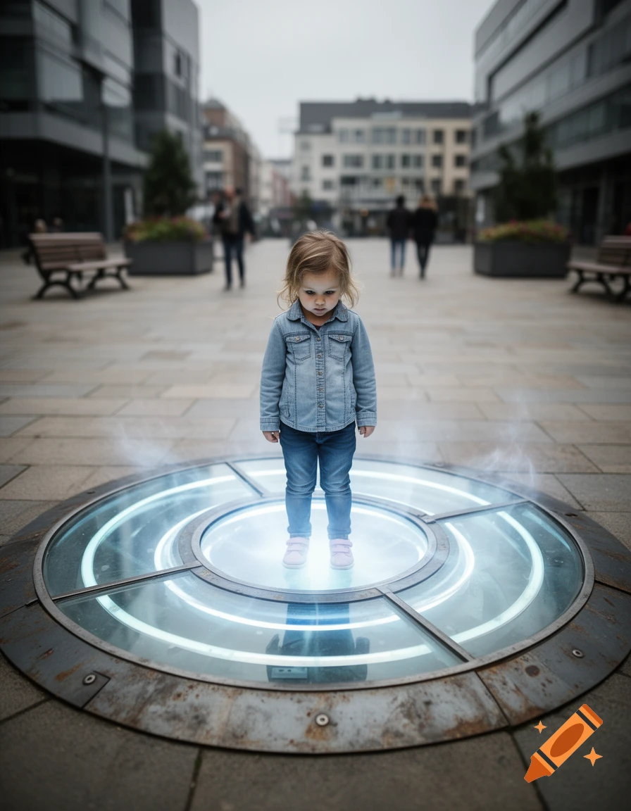 Photorealistic image of a young girl standing on a glowing circular teleportation pad in an urban plaza.