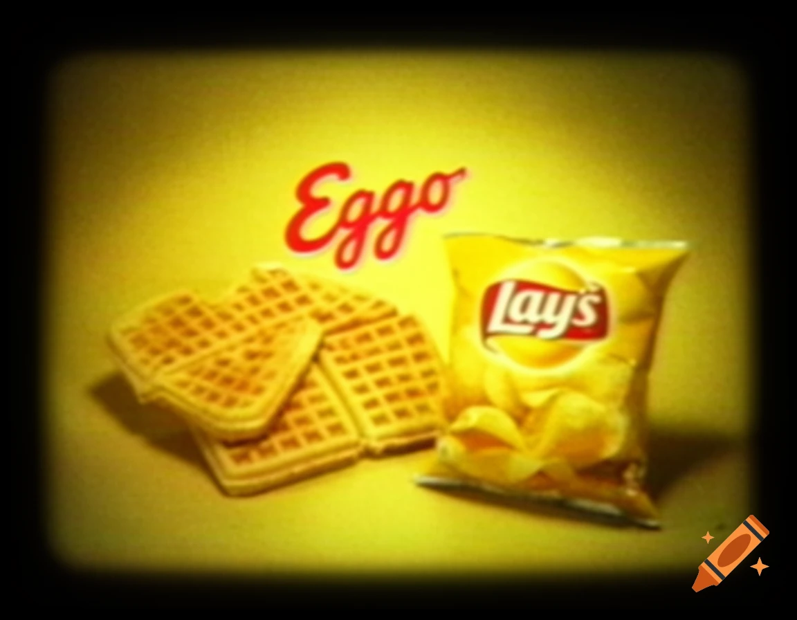 Vintage 1999 style photo of a pile of Eggo waffles and a bag of Lay's potato chips on a yellow surface.