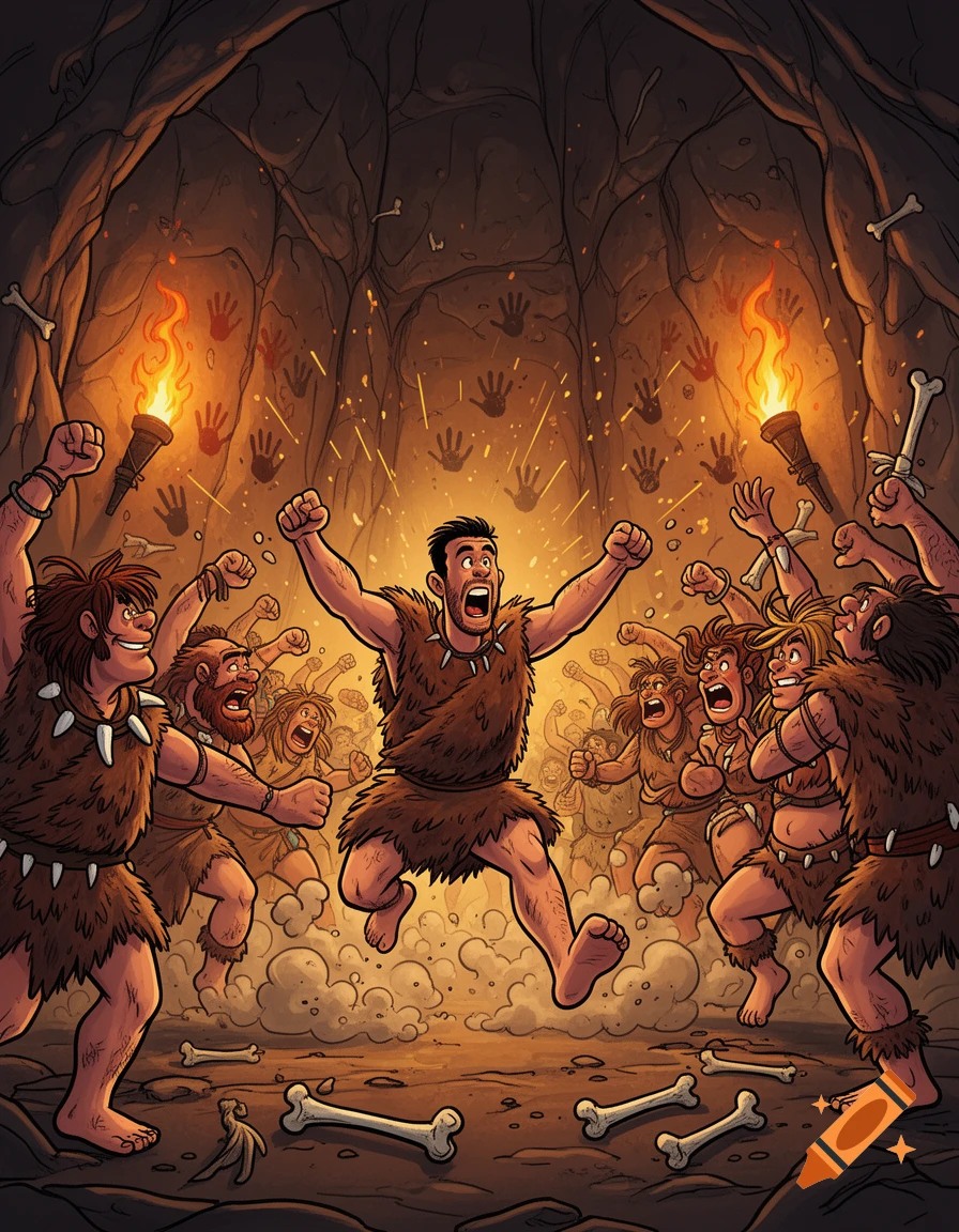 A cartoon illustration of a caveman jumping enthusiastically in the middle of a mosh pit with other cavemen inside a cave.