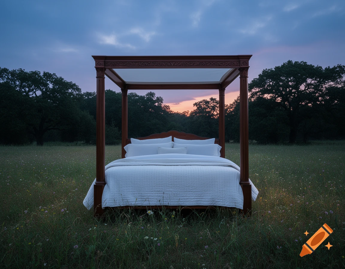 A fancy four-poster bed standing in the middle of a grassy field with trees at twilight, photorealistic style.
