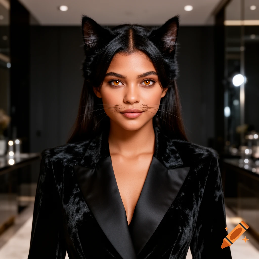 Photorealistic portrait of a woman resembling Zendaya with black cat ears and whiskers, wearing a black velvet jacket.