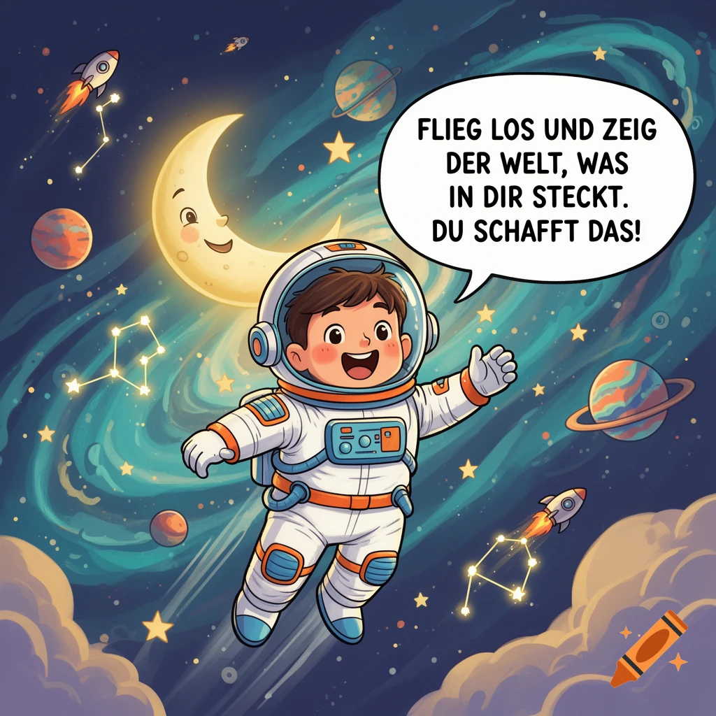 A cute cartoon astronaut floating in space among planets, stars, and a smiling crescent moon, with a German speech bubble.
