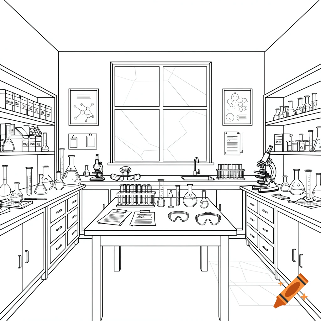 Black and white coloring page of a science laboratory interior with beakers, microscopes, and shelves.