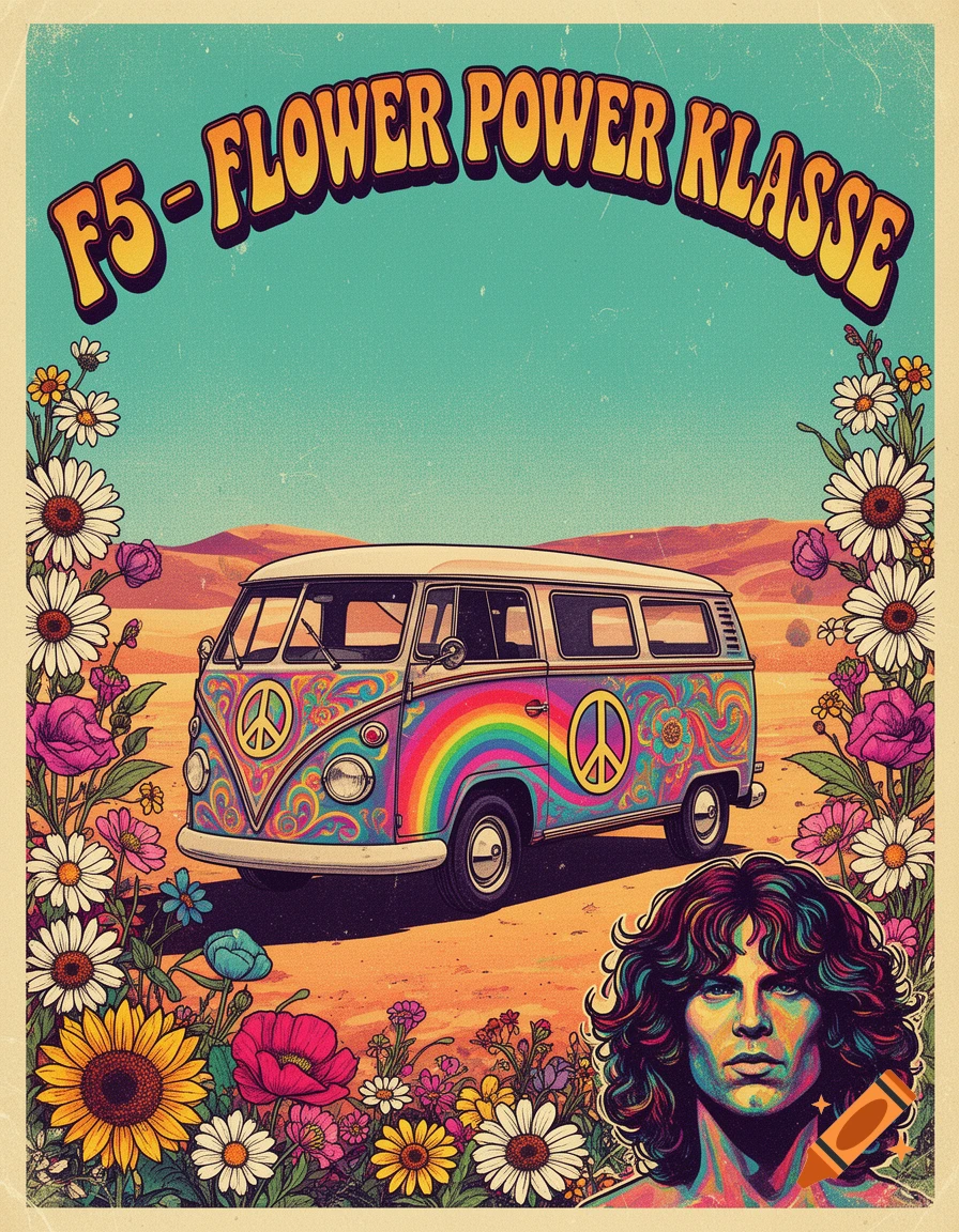 Retro 1960s psychedelic poster featuring a decorated hippie van in a desert, flowers, and Jim Morrison.