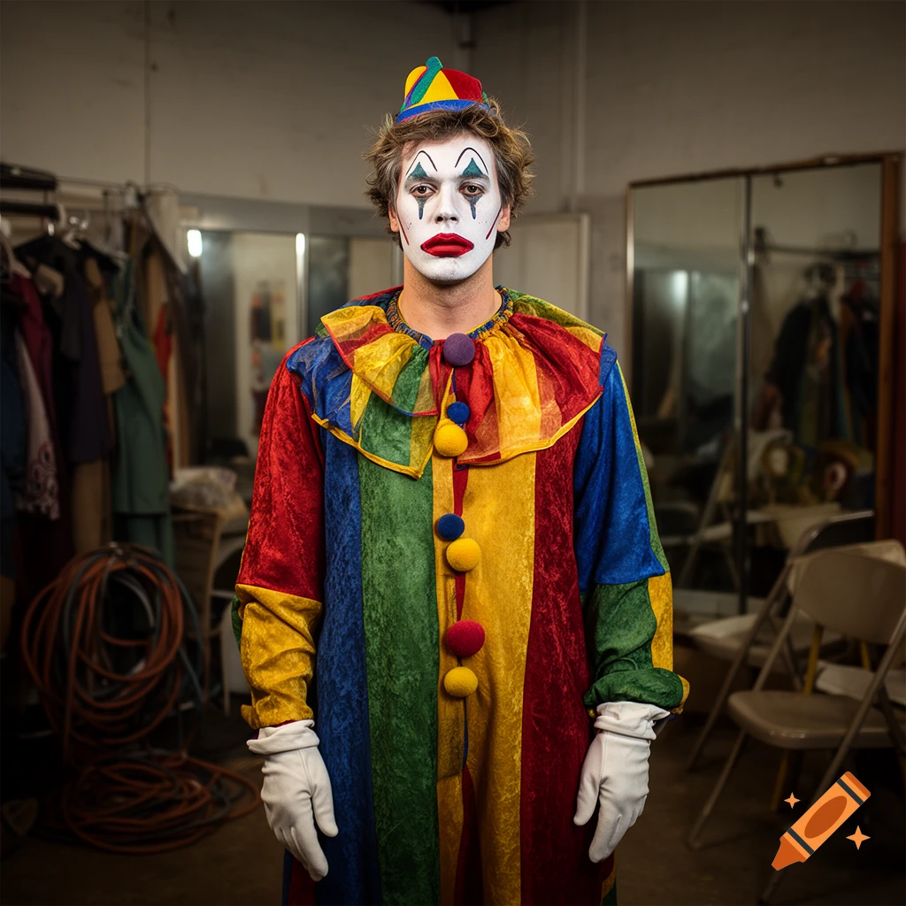 Photorealistic portrait of a man in a colorful traditional clown costume with face paint in a backstage dressing room.
