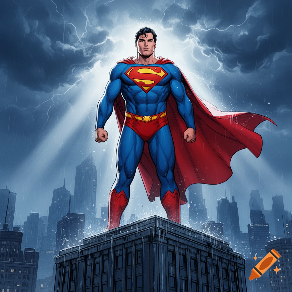 Superman standing heroically on a skyscraper rooftop in a stormy city, comic book style illustration.