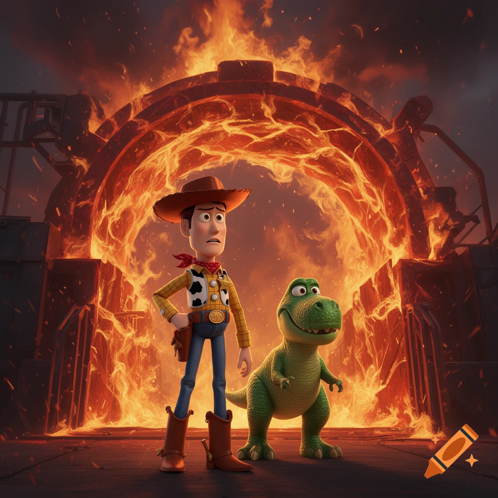 3D animated style image of Woody and Rex from Toy Story standing in front of a fiery incinerator.