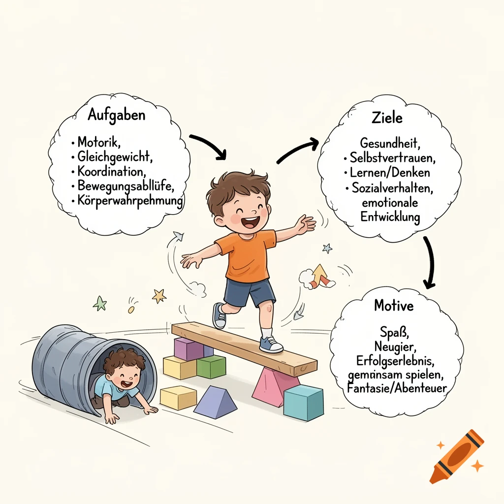 Digital illustration of a child balancing on a wooden beam in an obstacle course, surrounded by thought bubbles with text in German.