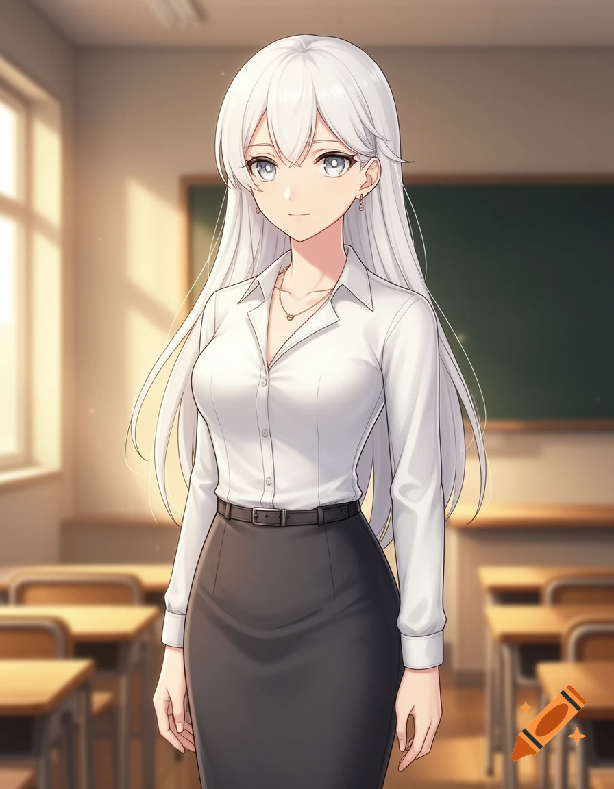 Anime style portrait of a young woman with long white hair and gray eyes wearing a white blouse and dark skirt in a classroom.