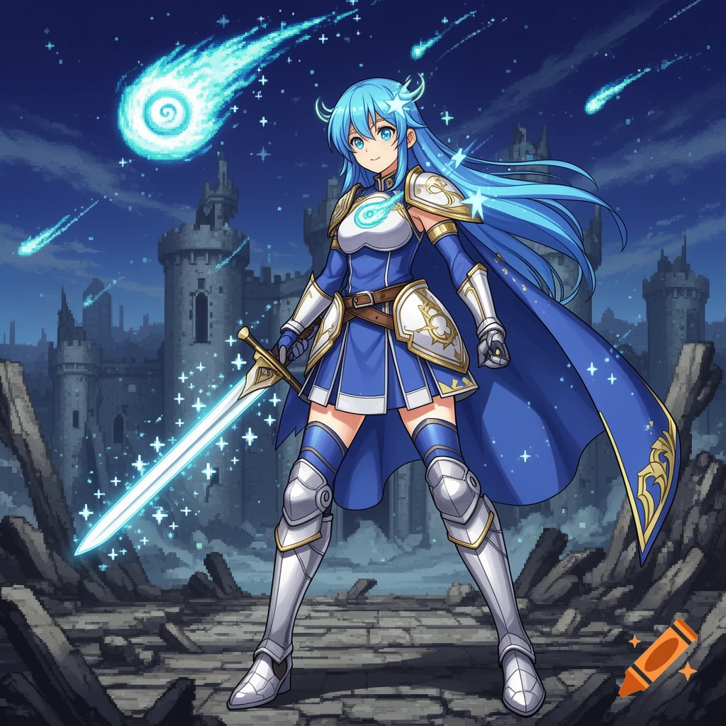 Anime style illustration of a blue-haired female knight holding a glowing sword in front of a ruined castle at night.